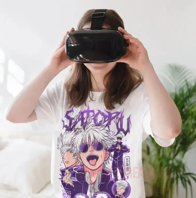 Virtual reality headset being worn with an anime-style graphic t-shirt.