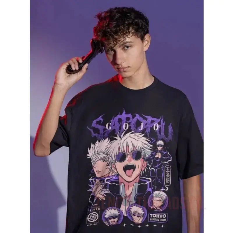 Black t-shirt featuring anime-style character artwork with purple text and Japanese design elements.