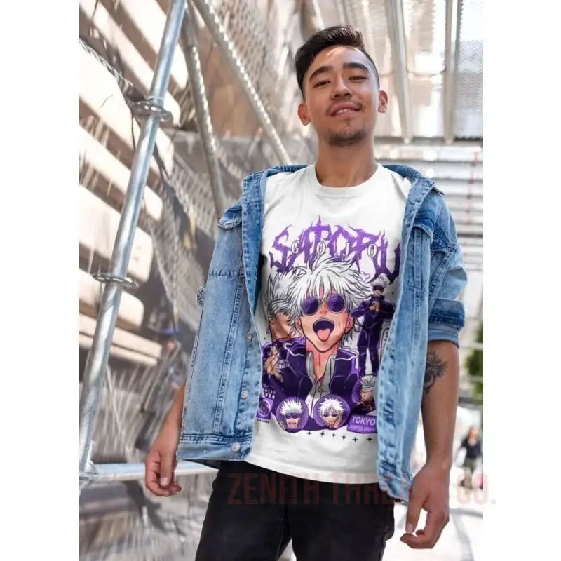 A white t-shirt with purple anime character artwork worn under a denim jacket.