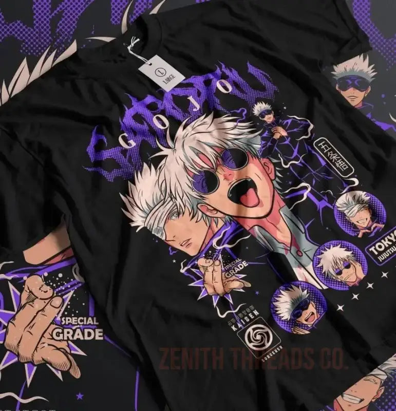 Black t-shirt featuring anime-style character artwork with purple lightning effects and multiple character poses.