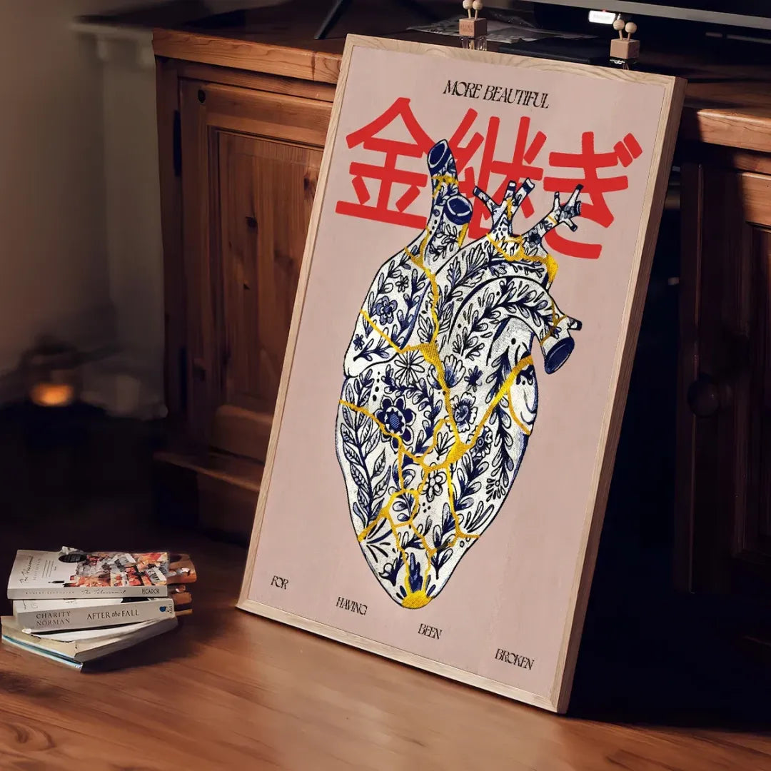 Golden Veins Heart – Japanese Abstract Anatomy Poster (unframed Canvas) | White / Black / Gold / Red / 50x70cm Unframed