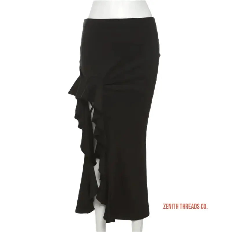 Black midi skirt with ruffled side detail.