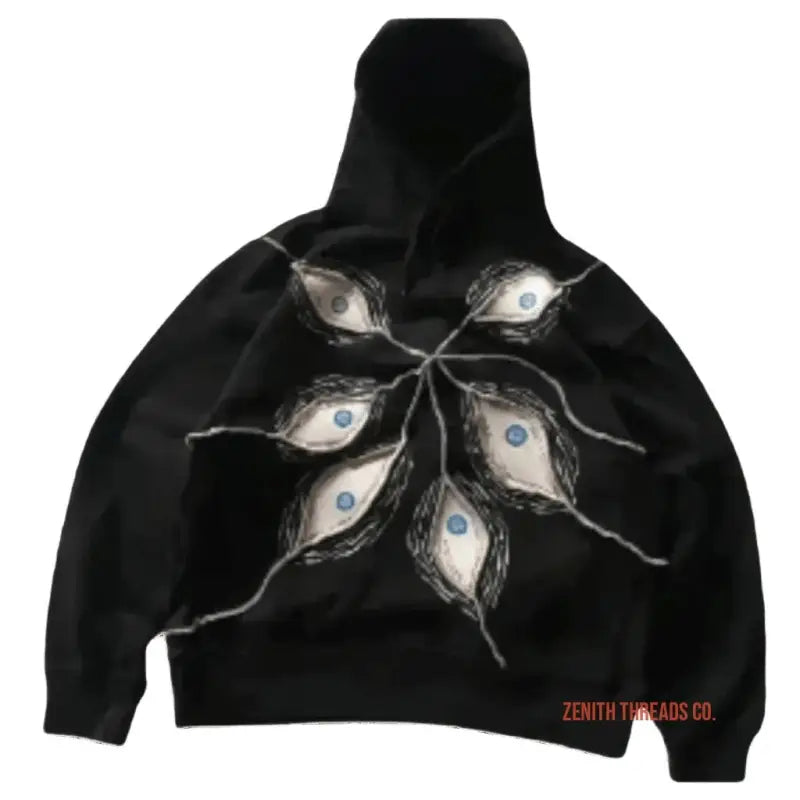 Black hoodie with a pattern of six white eyes arranged in a star-like formation.