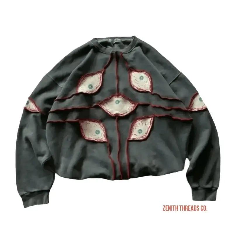 Dark gray bomber jacket with pink floral appliqué patches and burgundy trim.