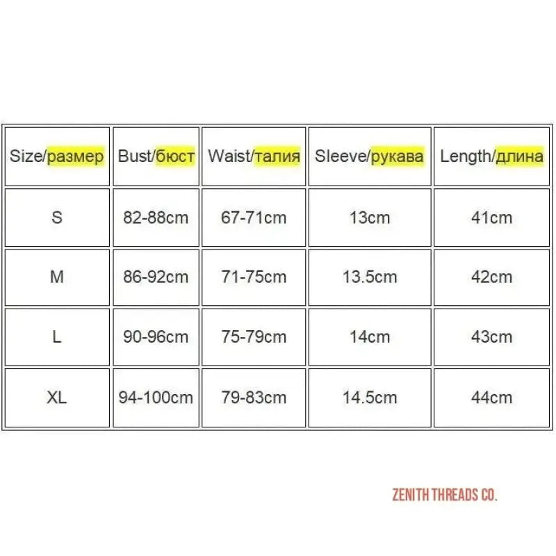 Size chart showing measurements for clothing in S, M, L, and XL sizes with bust, waist, sleeve, and length dimensions.