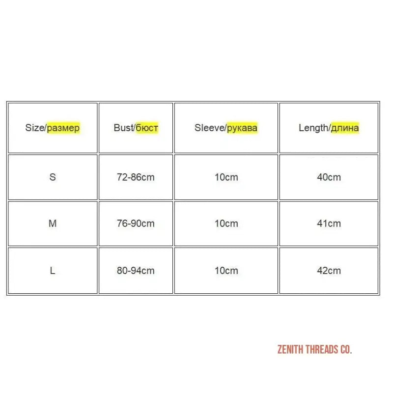 Size chart showing measurements for clothing in S, M, and L sizes with bust, sleeve, and length dimensions.