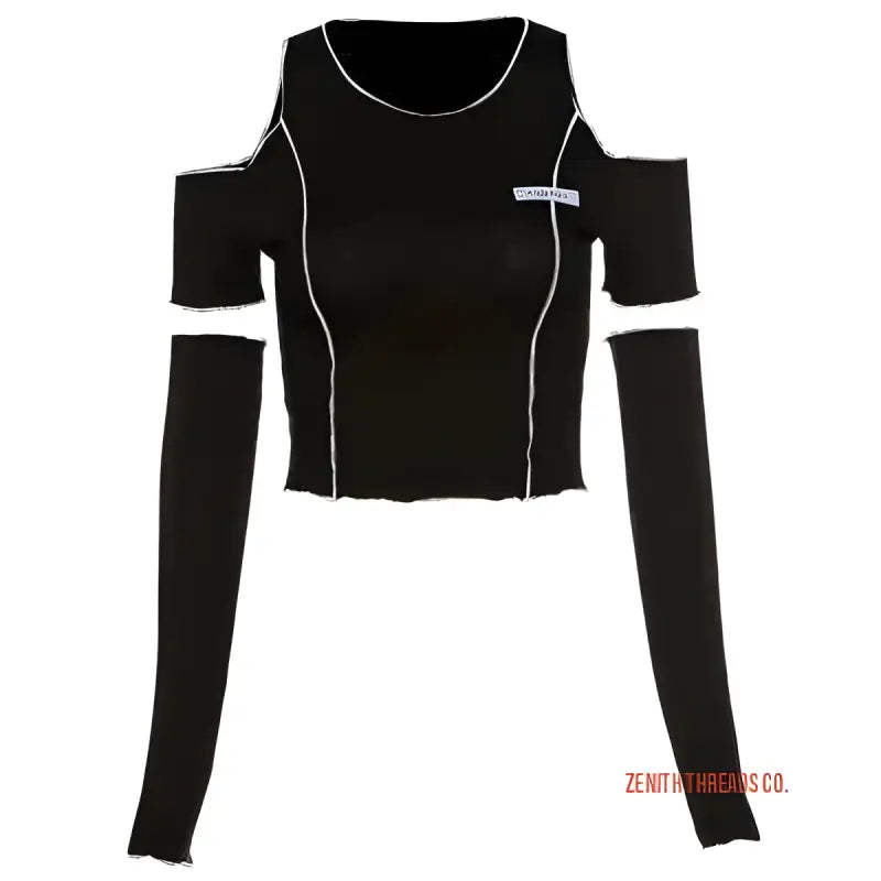 Black cold-shoulder crop top with white trim and long sleeves.