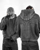 Distressed denim hooded jackets in Grim Light Y2K retro cross patchwork hoodie style