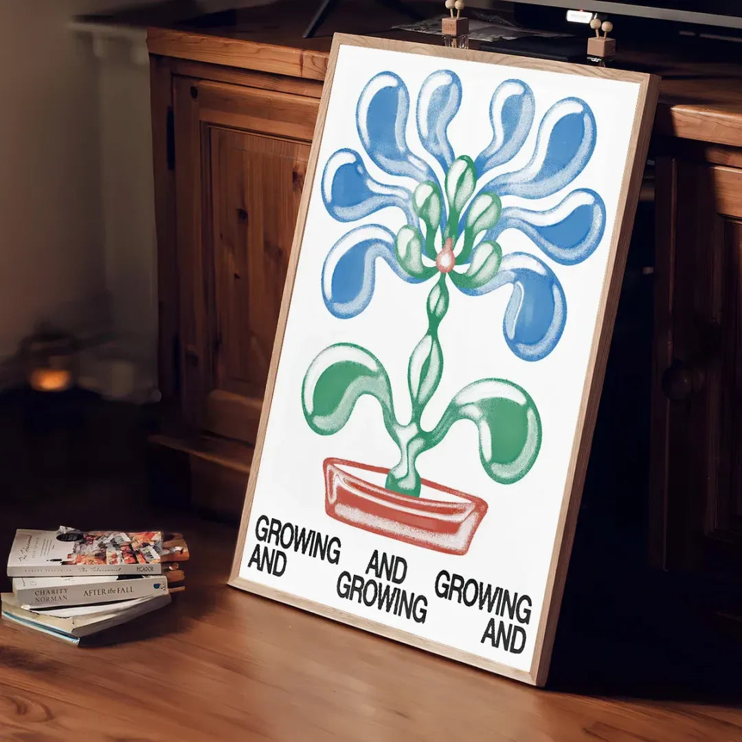 Growing Flower – Japanese Abstract Canvas Poster (unframed) | Blue / Green / 50x70cm Unframed | Posters & Anime Wall Art