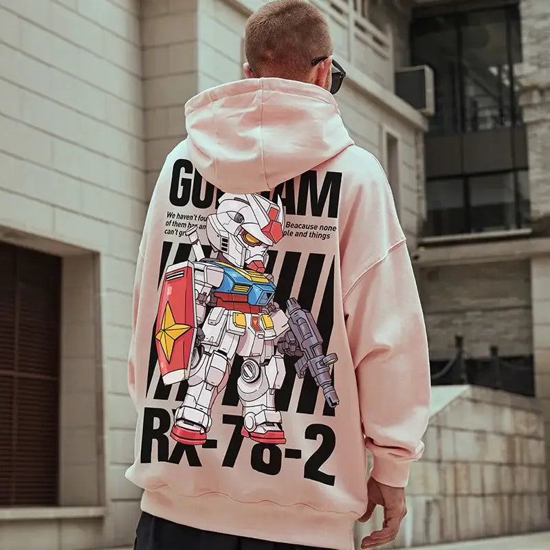 Pink hoodie featuring a Gundam RX-78-2 anime robot design on the back.