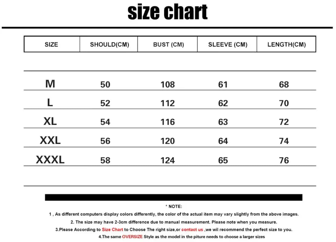 Size chart showing measurements for clothing in centimeters across five sizes from M to XXXL.