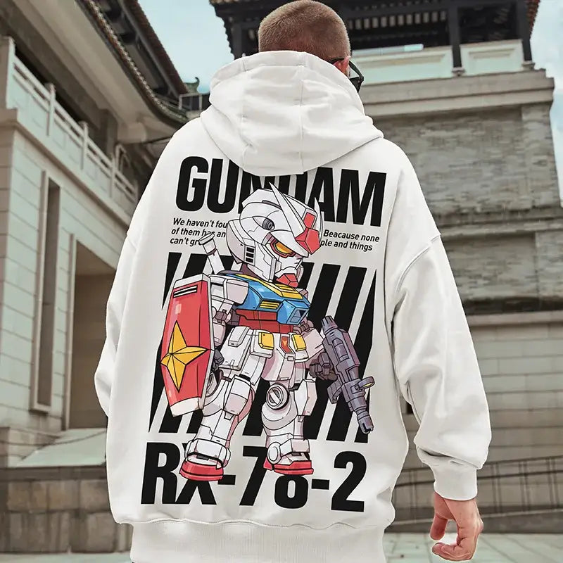 White hoodie featuring a Gundam RX-78-2 anime robot design on the back.