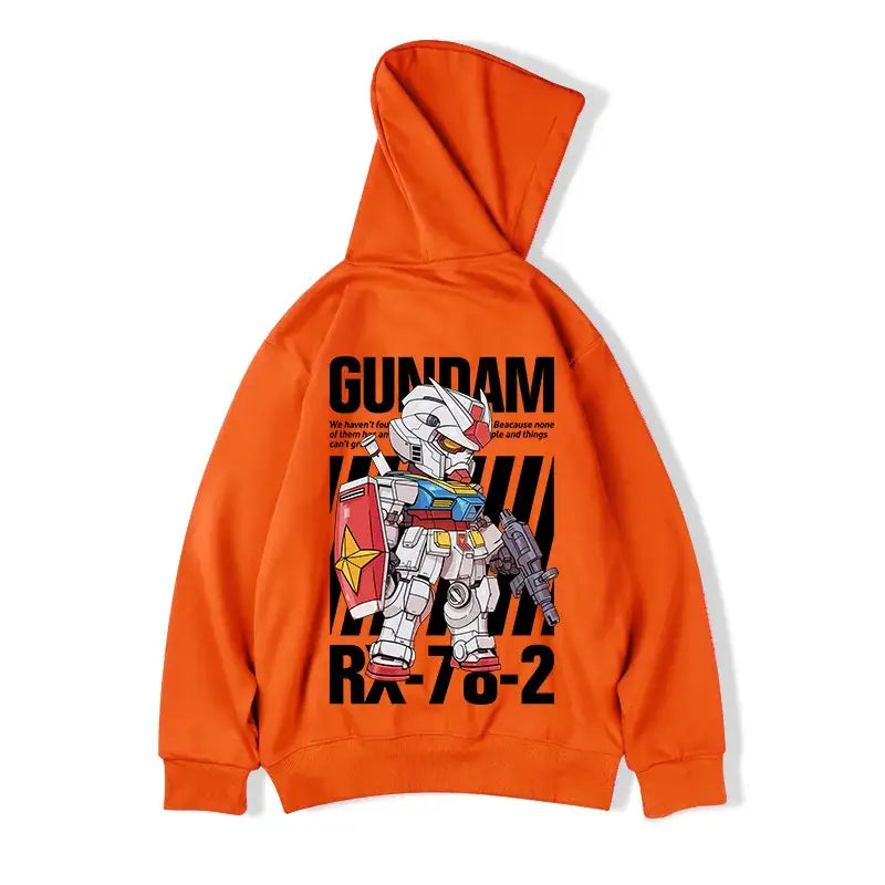 Orange hoodie with a Gundam robot design and ’RA-78-2’’ text printed on it.