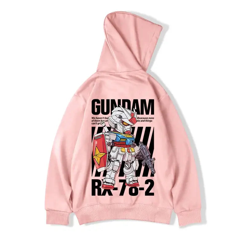 Pink hoodie with a Gundam RX-78-2 robot design printed on the back.