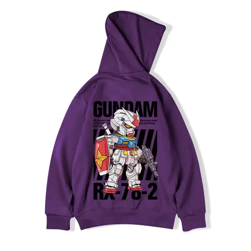 Purple hoodie with a Gundam robot anime design printed on the back.