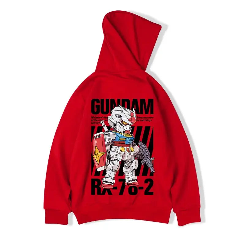 Red hoodie with a Gundam robot anime design printed on the back.