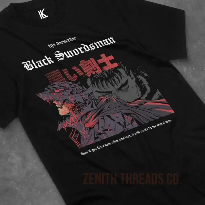 Black t-shirt featuring anime-style artwork with Japanese text and ’Black Swordsman’ typography.