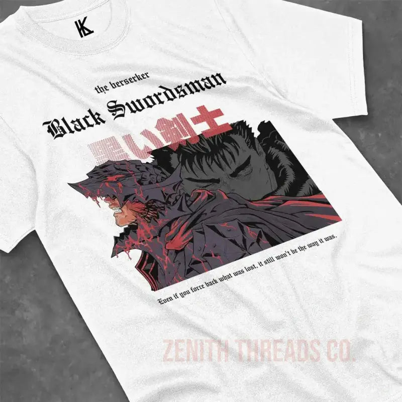 White t-shirt featuring dark manga-style artwork with red accents and text.