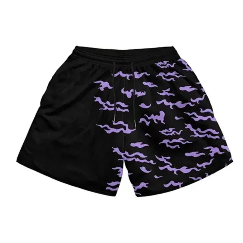 Black Ippo Summer Gym shorts featuring a quick-drying purple cloud pattern