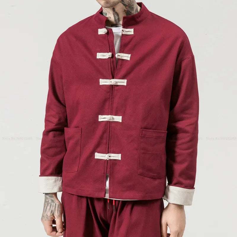 Maroon mandarin-collar jacket in Timeless Chinese style inspired by Tang Dynasty fashion