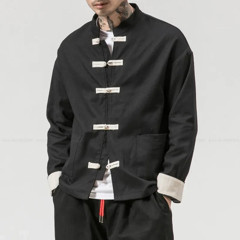 Timeless Chinese style jacket with black mandarin collar inspired by Tang Dynasty fashion