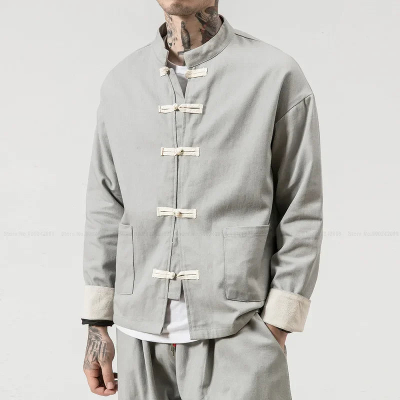 Gray mandarin-collar jacket reflecting Timeless Chinese style inspired by Tang Dynasty fashion