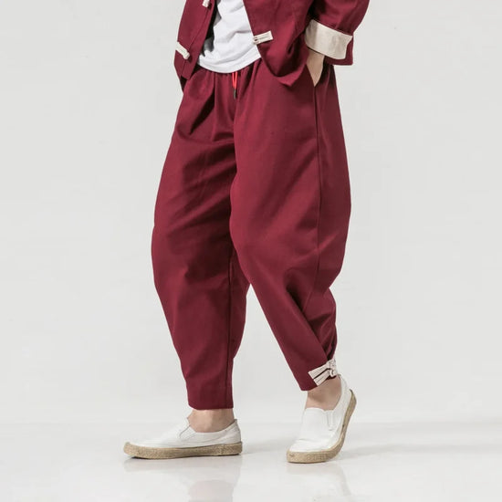 Maroon baggy pants paired with a Timeless Chinese style jacket inspired by Tang Dynasty fashion