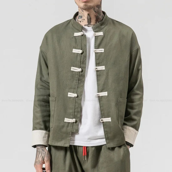 Olive green mandarin collar jacket showcasing Timeless Chinese style inspired by Tang Dynasty fashion