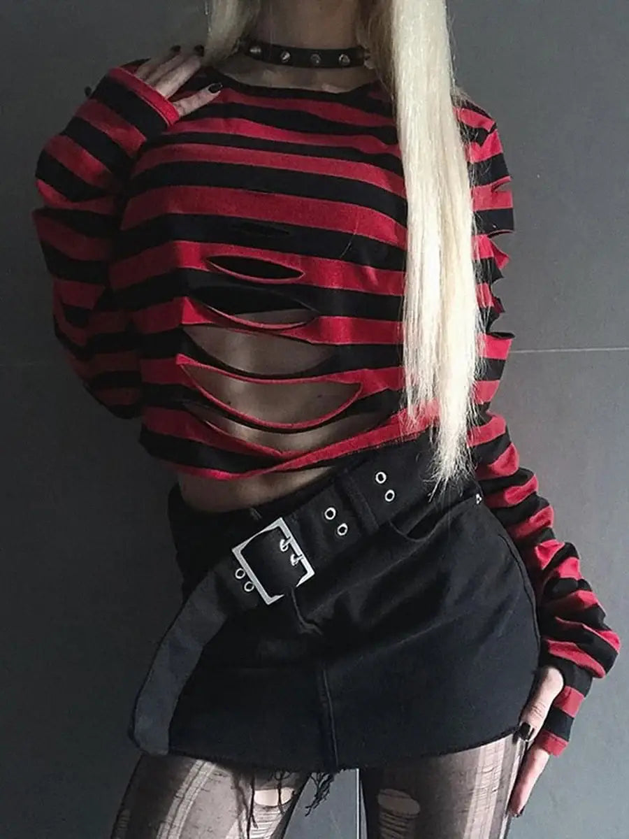 Striped Hollow-out Crop Top – Harajuku Punk & Dark Academia | Streetwear