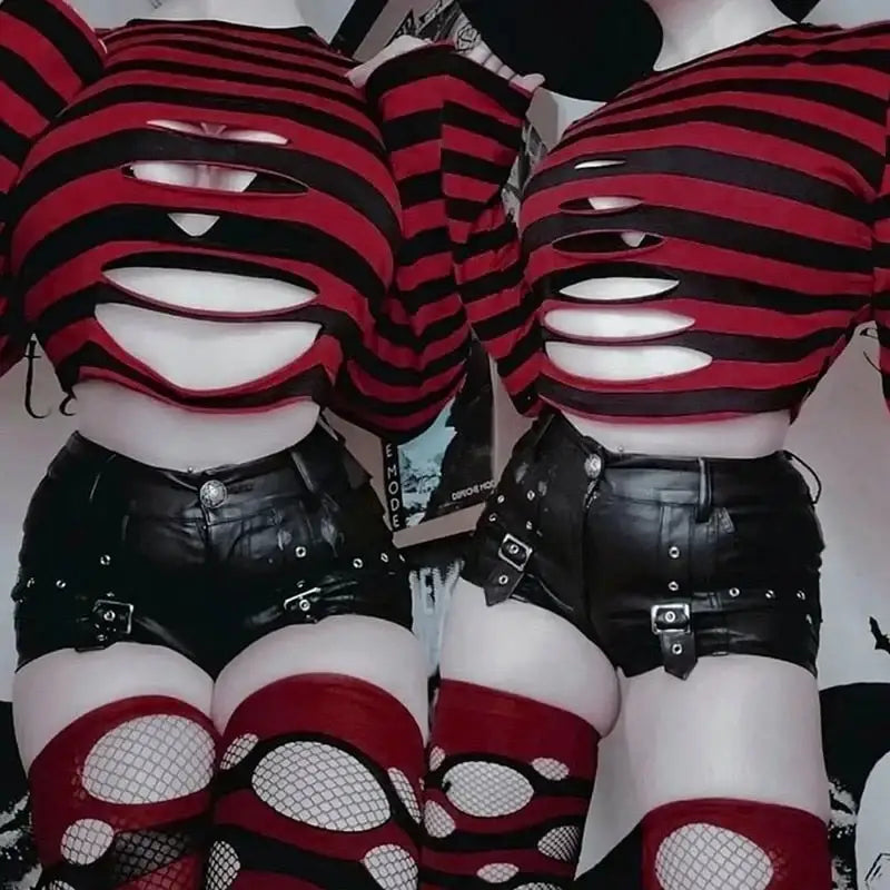 Striped Hollow-out Crop Top – Harajuku Punk & Dark Academia | Streetwear
