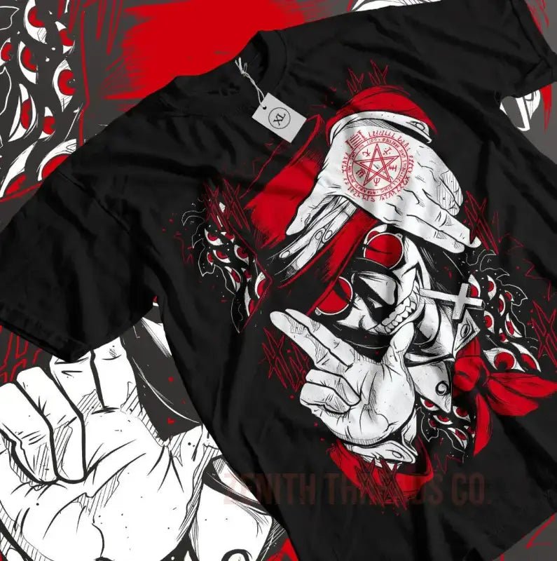 Black t-shirt with white hands and red accents in an artistic design.