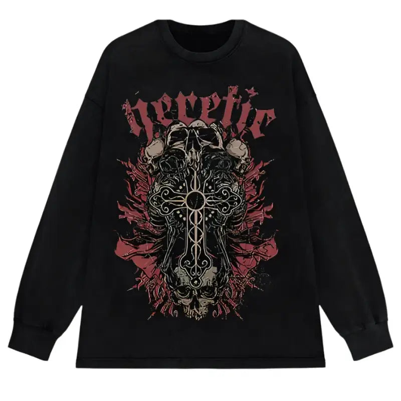 Black long-sleeve t-shirt featuring a gothic cross and skull design in red and gray tones.