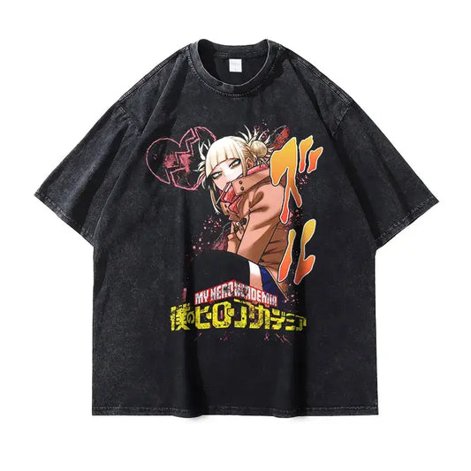 Black T-shirt featuring vintage washed Himiko Toga from My Hero Academia anime streetwear