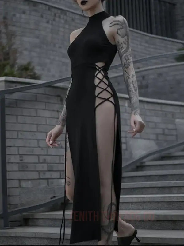 Black gothic dress with side lacing and high slits.