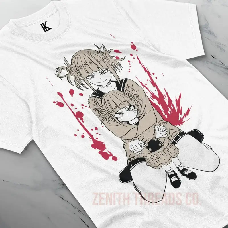 White t-shirt featuring manga-style artwork with red splatter effects.