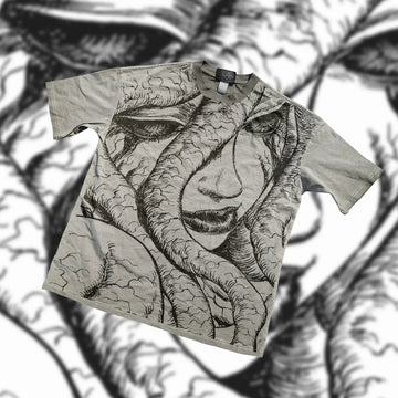 Mirage Reverie Abstract Face Graphic T-shirt | Muted Gray / s | Anime Streetwear