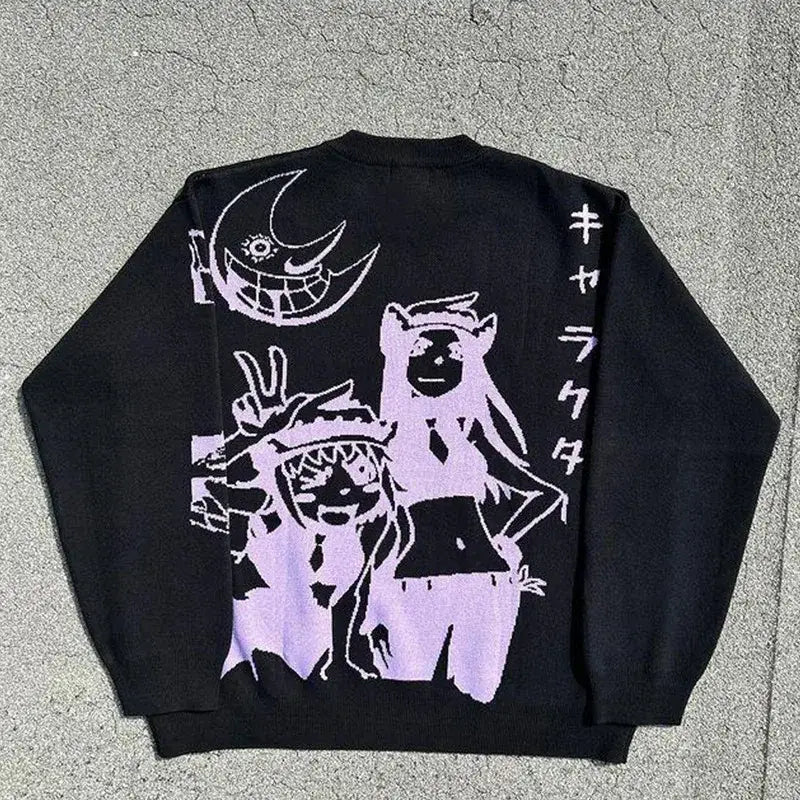 Black sweatshirt with pink anime-style character designs and Japanese text on it.