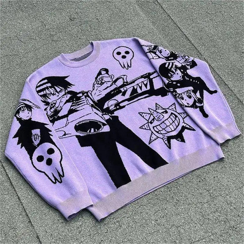 Lavender sweatshirt with black anime-style character designs and skull graphics.