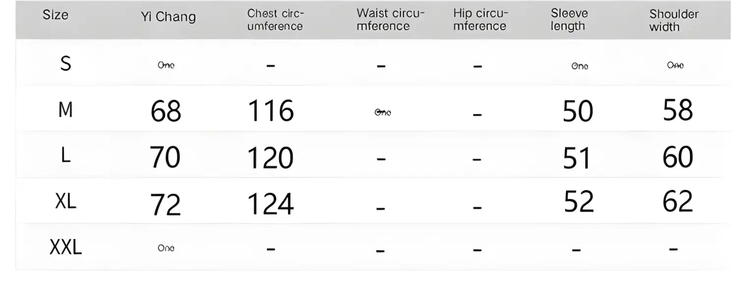 Size chart showing measurements in centimeters for clothing dimensions like chest, shoulder width, and length.