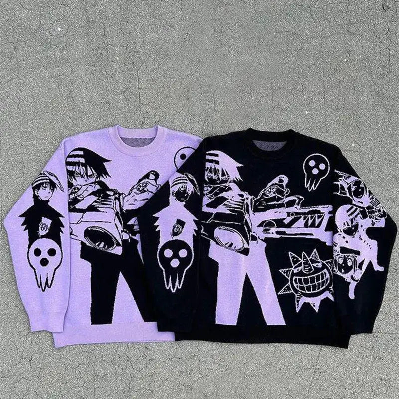 Two anime-style graphic sweatshirts in purple and black with skull motifs and character designs.