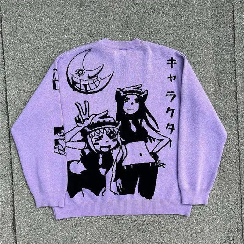 Lavender sweatshirt featuring black anime-style character art and Japanese text.