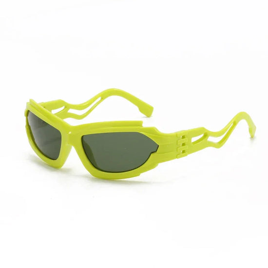 Futuristic neon green hollow style S-shaped sunglasses with a unique S-shaped frame