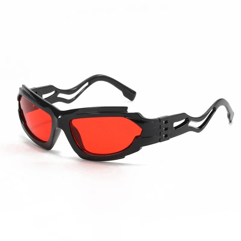 Black framed red lens sunglasses featuring a unique s-shaped frame in hollow style s-shaped design