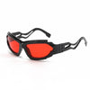 Black framed red lens sunglasses featuring a unique s-shaped frame in hollow style s-shaped design