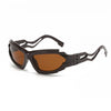 Brown-lensed, black-framed Futuristic hollow style s-shaped sunglasses for bold punks