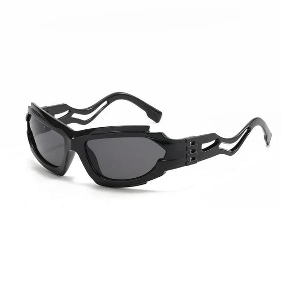 Black futuristic hollow style S-shaped sunglasses with a unique S-shaped frame