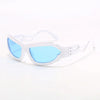 Futuristic hollow style s-shaped sunglasses with white frame and blue lenses for bold punks