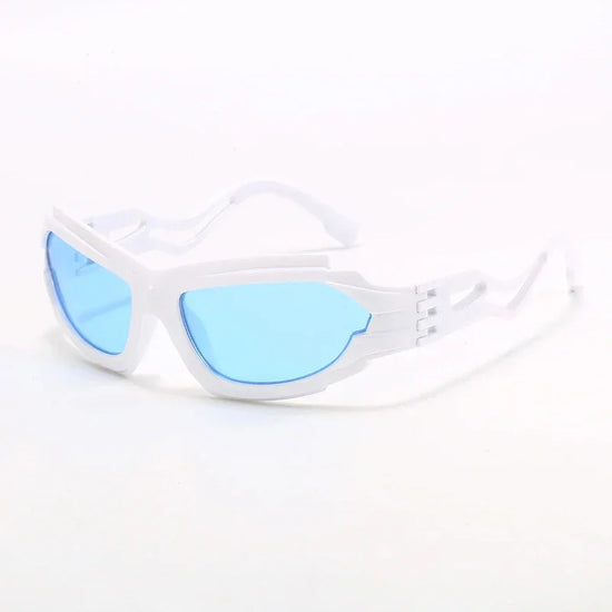 Futuristic hollow style s-shaped sunglasses with white frame and blue lenses for bold punks