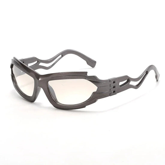 Futuristic gray sunglasses featuring a unique s-shaped frame in hollow style s-shaped design