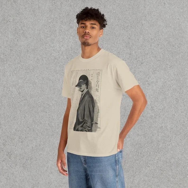 Beige anime graphic tee featuring a black and white Homunculus manga design